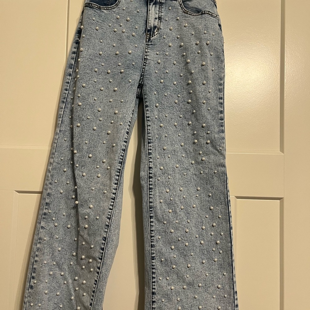 Women's Light Blue Pearl Embellished Jeans